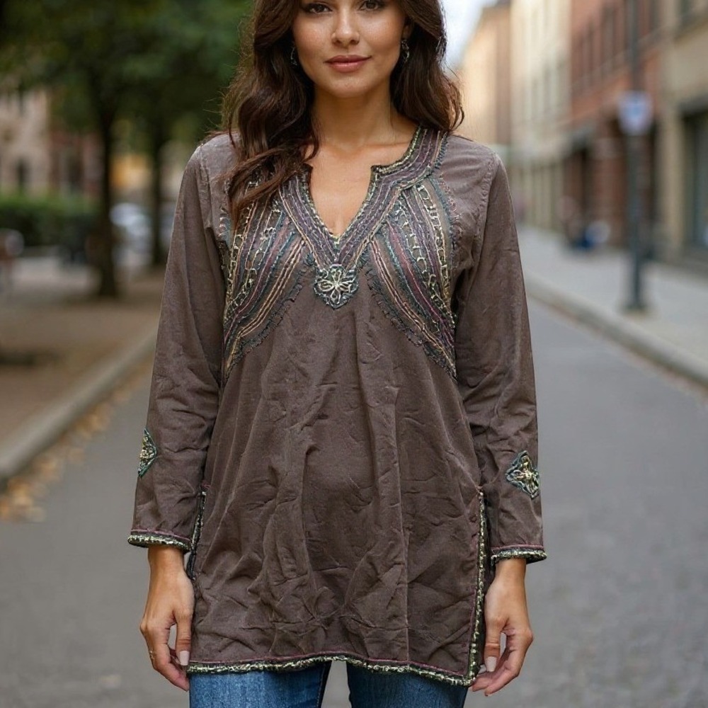 Coldwater Creek Brown 100% Silk Beaded Embroidered Tunic Top Womens Large Boho